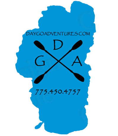 Blue map silhouette with crossed paddles, text: daygoadventures.com, DGA, 775.450.4757.